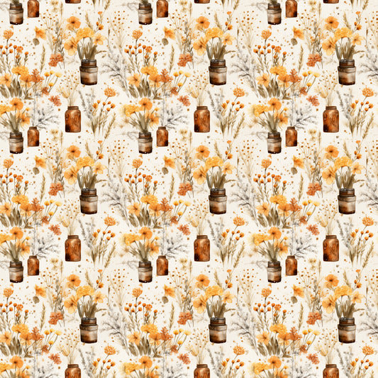 orange flowers, amber jars, cream background, watercolor style, floral bouquets, rustic vases, autumn blooms, botanical pattern, warm tones, quilting cotton, repeating motif, vintage style, dried flowers, mason jars, cottage core, soft florals, peachy orange, earthy palette, shabby chic
