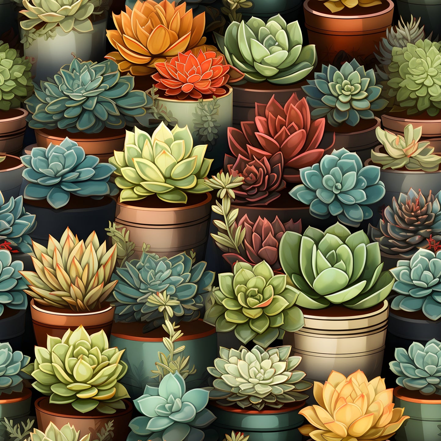 succulents, quilting cotton, fabric panel, botanical, potted plants, terracotta pots, sage green, coral orange, dusty blue, forest green, cream, burgundy, rosette pattern, garden theme, desert plants, ceramic planters, nature motif, repeating pattern, crafting fabric, quilting material