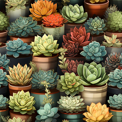 succulents, quilting cotton, fabric panel, botanical, potted plants, terracotta pots, sage green, coral orange, dusty blue, forest green, cream, burgundy, rosette pattern, garden theme, desert plants, ceramic planters, nature motif, repeating pattern, crafting fabric, quilting material