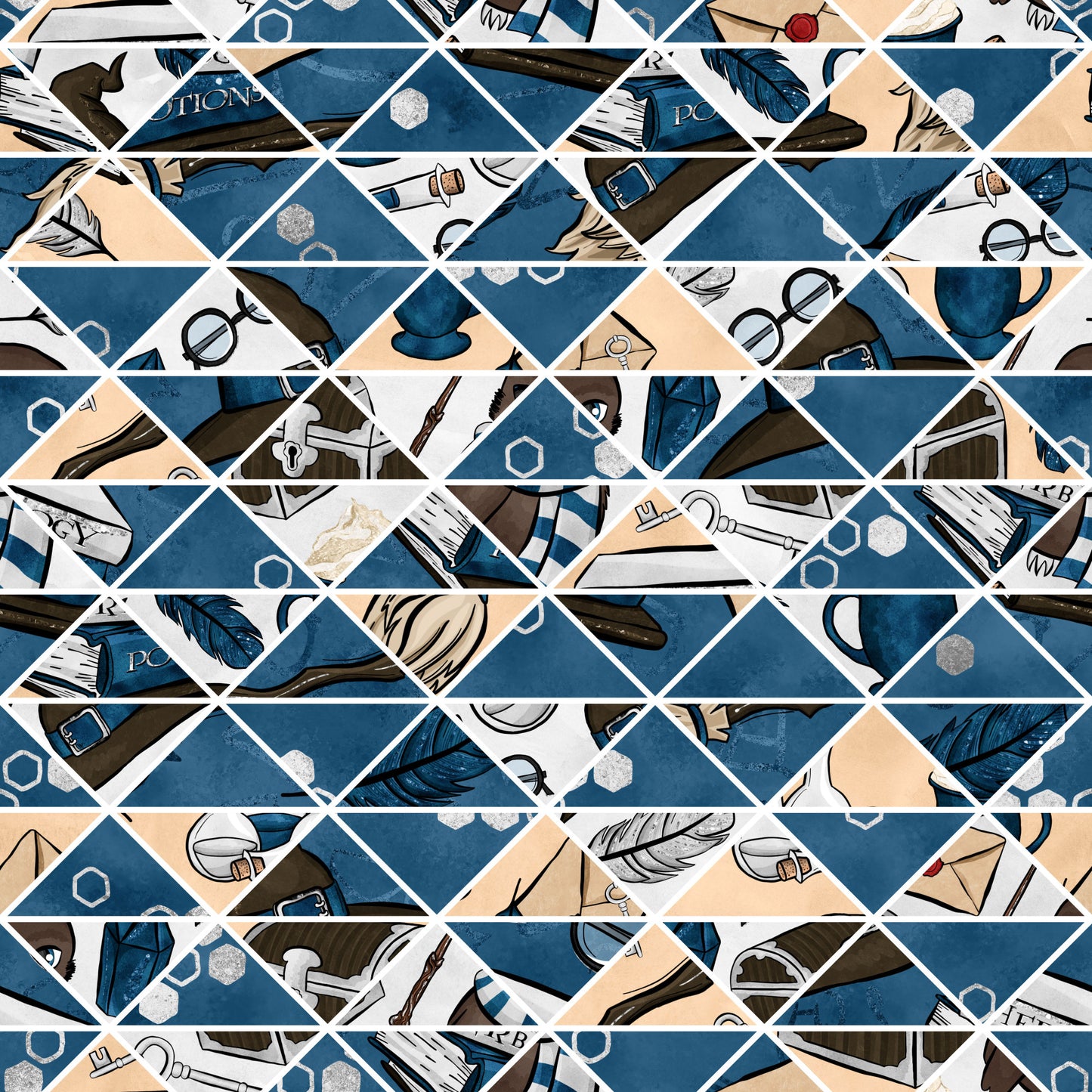 navy blue, cream, beige, geometric triangles, wizard hats, feathers, quill pens, ink bottles, scrolls, parchment, magical elements, hexagons, mystical symbols, school supplies, diamond pattern, quilting cotton, fabric panel, whimsical illustration, academic theme, fantasy motifs