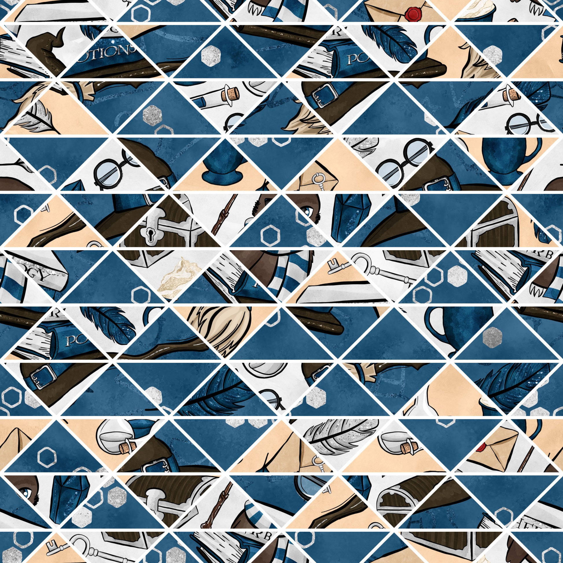 navy blue, cream, beige, geometric triangles, wizard hats, feathers, quill pens, ink bottles, scrolls, parchment, magical elements, hexagons, mystical symbols, school supplies, diamond pattern, quilting cotton, fabric panel, whimsical illustration, academic theme, fantasy motifs