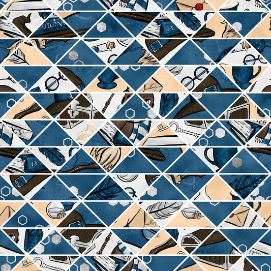 navy blue, cream, beige, geometric triangles, wizard hats, feathers, quill pens, ink bottles, scrolls, parchment, magical elements, hexagons, mystical symbols, school supplies, diamond pattern, quilting cotton, fabric panel, whimsical illustration, academic theme, fantasy motifs