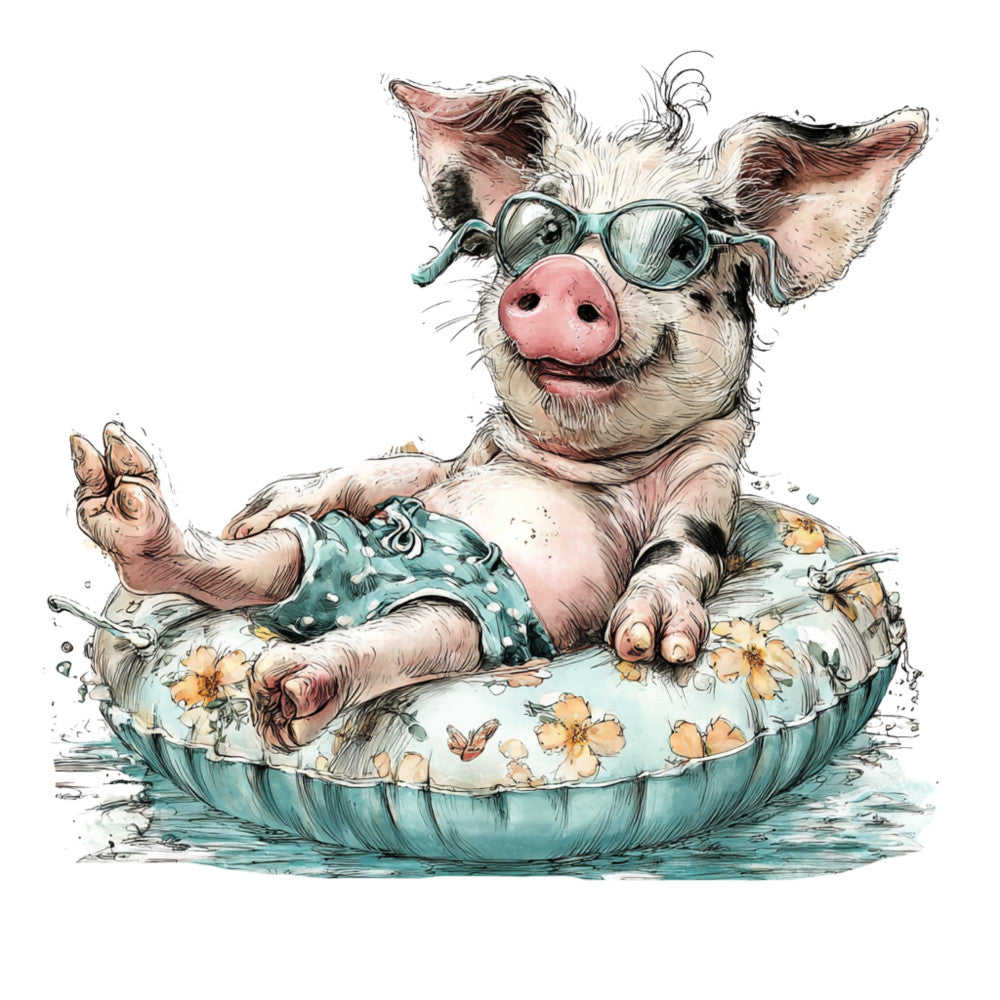 Whimsical Quirky Pool Float Pig Fabric Panel 19