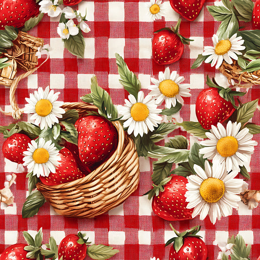 • Strawberry Gingham Picnic Pattern 16 Quilting Cotton Fabric • red and white gingham check • strawberries • daisies • green leaves • picnic basket • cotton fabric • quilting fabric • floral • fruit design • decorative textile • summery motif