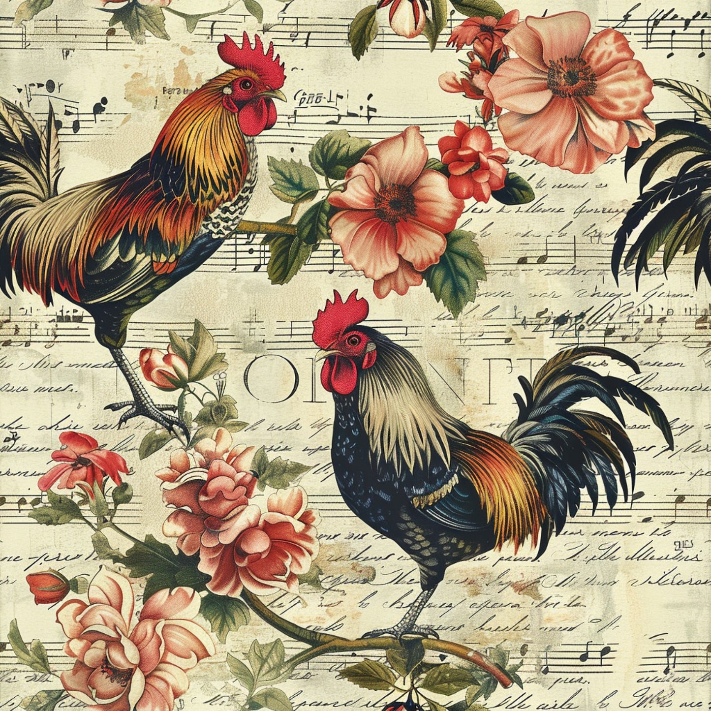 roosters, chickens, farm animals, coral flowers, pink blooms, musical notes, sheet music, vintage style, botanical elements, green leaves, cream background, quilting cotton, fabric panel, country theme, farmhouse motif, floral design, bird illustrations, antique aesthetic, peachy pink, rustic charm