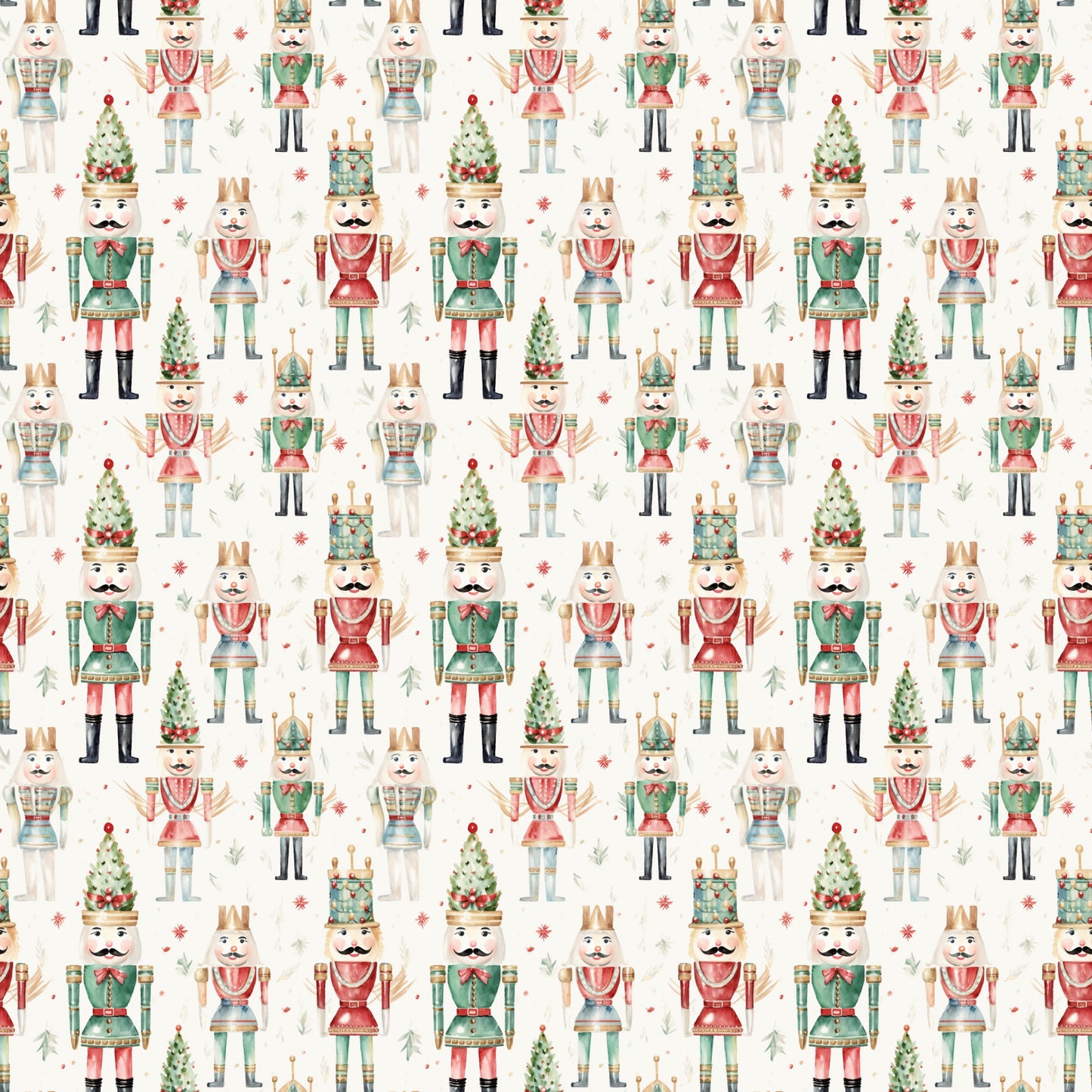 watercolor nutcrackers, christmas pattern, allover design, quilting cotton, fabric panel, holiday theme, festive characters, toy soldiers, red green cream, pastel colors, winter decorations, christmas trees, repeating motif, whimsical illustration, seasonal fabric, craft material, sewing supplies, holiday quilting, nutcracker dolls