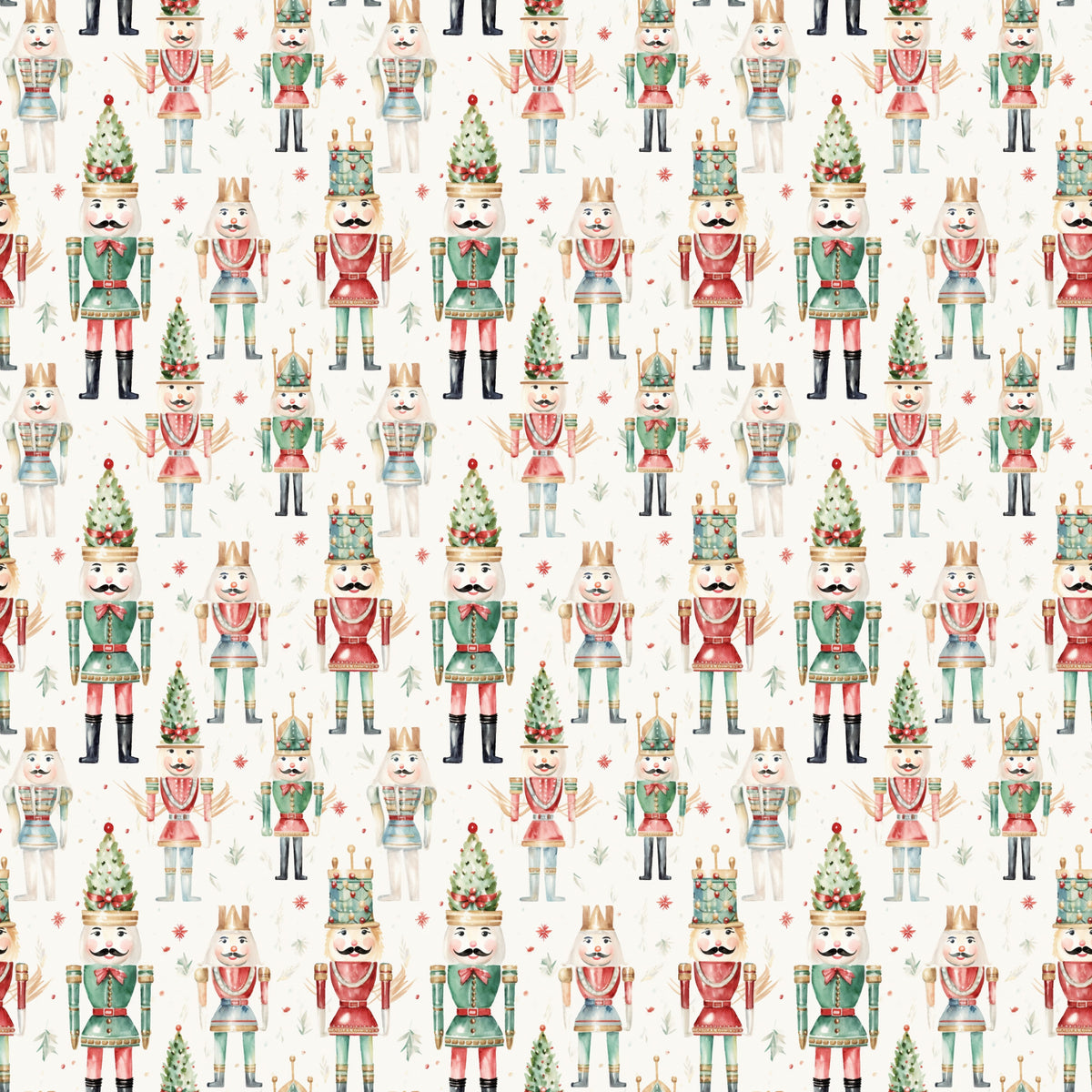 watercolor nutcrackers, christmas pattern, allover design, quilting cotton, fabric panel, holiday theme, festive characters, toy soldiers, red green cream, pastel colors, winter decorations, christmas trees, repeating motif, whimsical illustration, seasonal fabric, craft material, sewing supplies, holiday quilting, nutcracker dolls