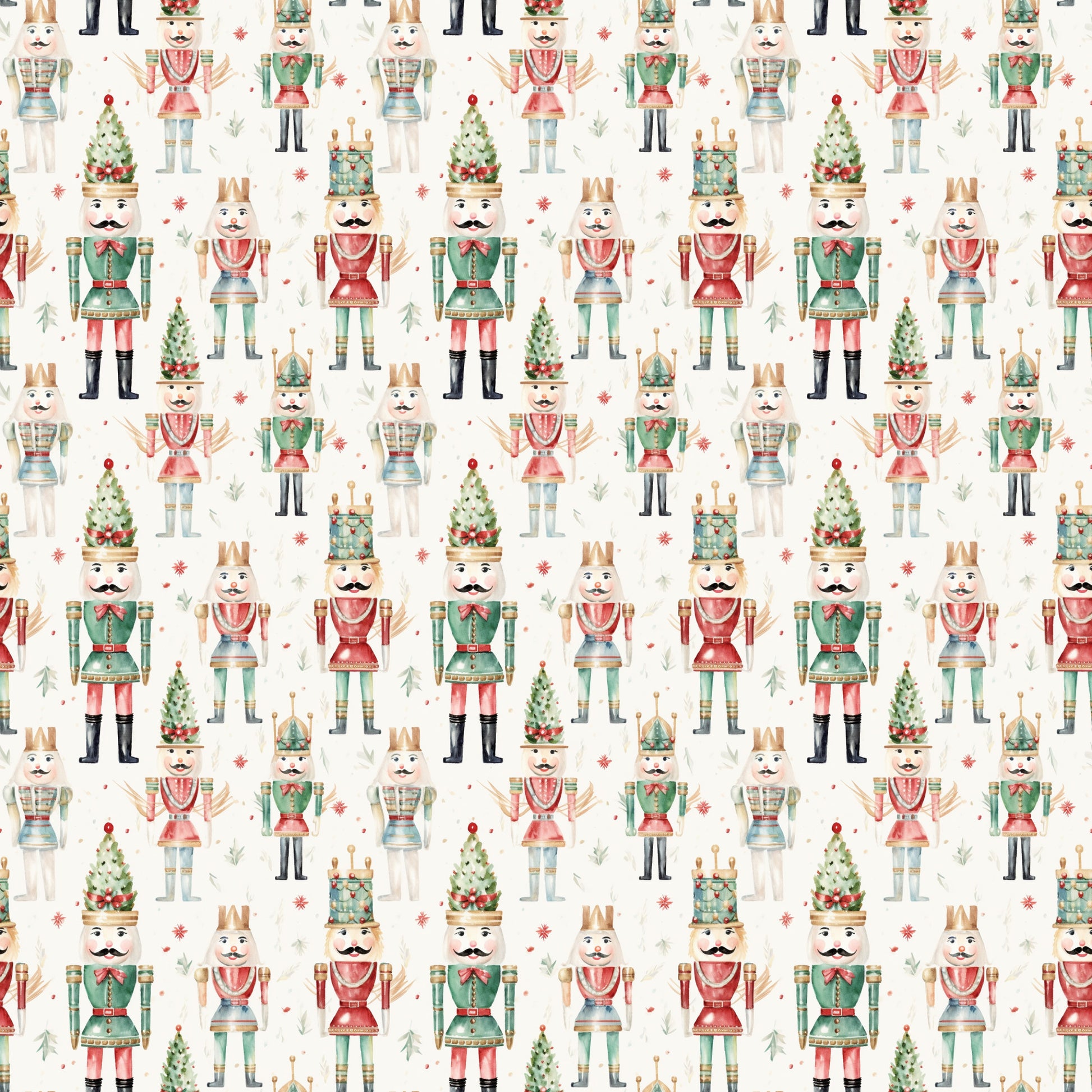 watercolor nutcrackers, christmas pattern, allover design, quilting cotton, fabric panel, holiday theme, festive characters, toy soldiers, red green cream, pastel colors, winter decorations, christmas trees, repeating motif, whimsical illustration, seasonal fabric, craft material, sewing supplies, holiday quilting, nutcracker dolls
