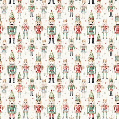 watercolor nutcrackers, christmas pattern, allover design, quilting cotton, fabric panel, holiday theme, festive characters, toy soldiers, red green cream, pastel colors, winter decorations, christmas trees, repeating motif, whimsical illustration, seasonal fabric, craft material, sewing supplies, holiday quilting, nutcracker dolls