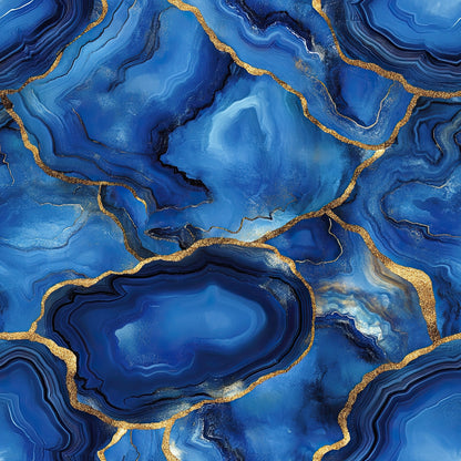 royal blue, gold, agate pattern, geode design, marble texture, flowing lines, organic shapes, mineral formation, luxurious, shimmering accents, abstract design, fluid movement, natural stone, crystalline structure, deep blue, golden veining, geological pattern, cotton fabric, quilting panel, modern aesthetic