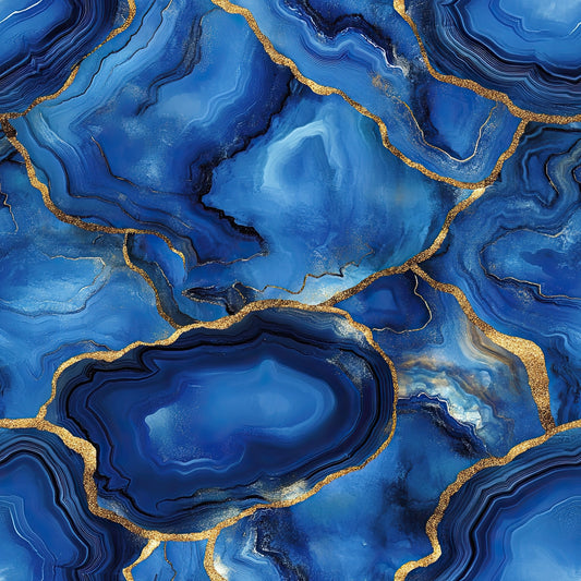 royal blue, gold, agate pattern, geode design, marble texture, flowing lines, organic shapes, mineral formation, luxurious, shimmering accents, abstract design, fluid movement, natural stone, crystalline structure, deep blue, golden veining, geological pattern, cotton fabric, quilting panel, modern aesthetic
