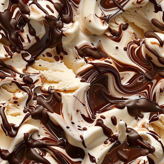 chocolate swirl, vanilla cream, brown, white, marbled pattern, liquid texture, swirling design, dessert theme, ice cream pattern, food motif, quilting cotton, fabric panel, creamy colors, flowing lines, junk food design, sweet treats, confectionery pattern, dairy swirls, tempting food, indulgent theme
