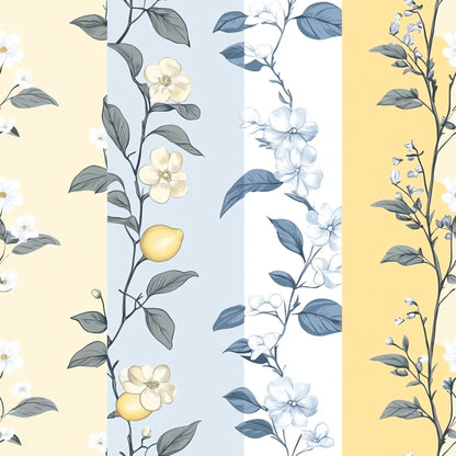 pale yellow, soft blue, cream white, sage green, floral pattern, botanical design, lemon motif, delicate flowers, shabby chic, vintage style, pastel colors, striped layout, quilting cotton, fabric panel, romantic mood, cottage core, spring theme, nature inspired, coordinating prints, gentle aesthetic