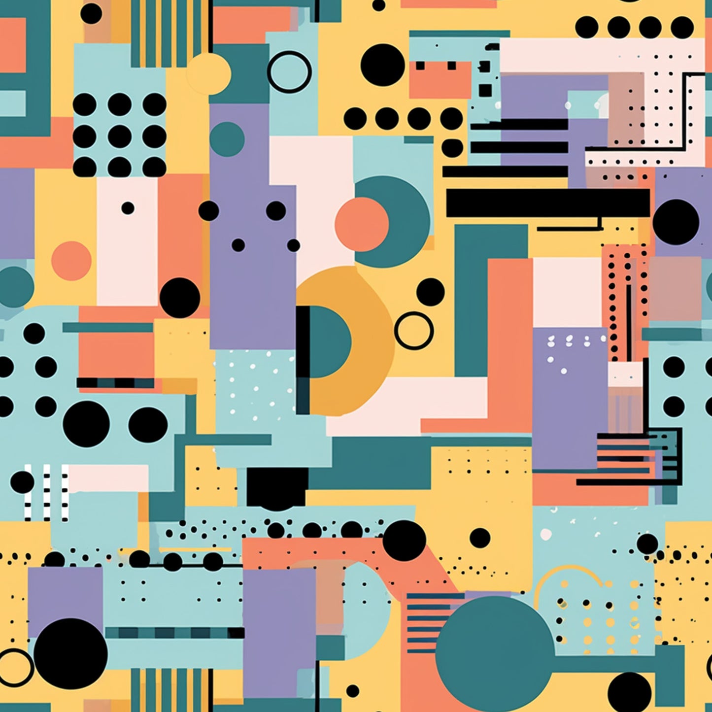 geometric shapes, retro modern, abstract composition, teal, coral, yellow, purple, mint green, black circles, rectangular blocks, dots pattern, lines design, mid-century style, contemporary art, quilting cotton, fabric panel, artistic blocks, color blocking, minimalist geometric, bauhaus inspired