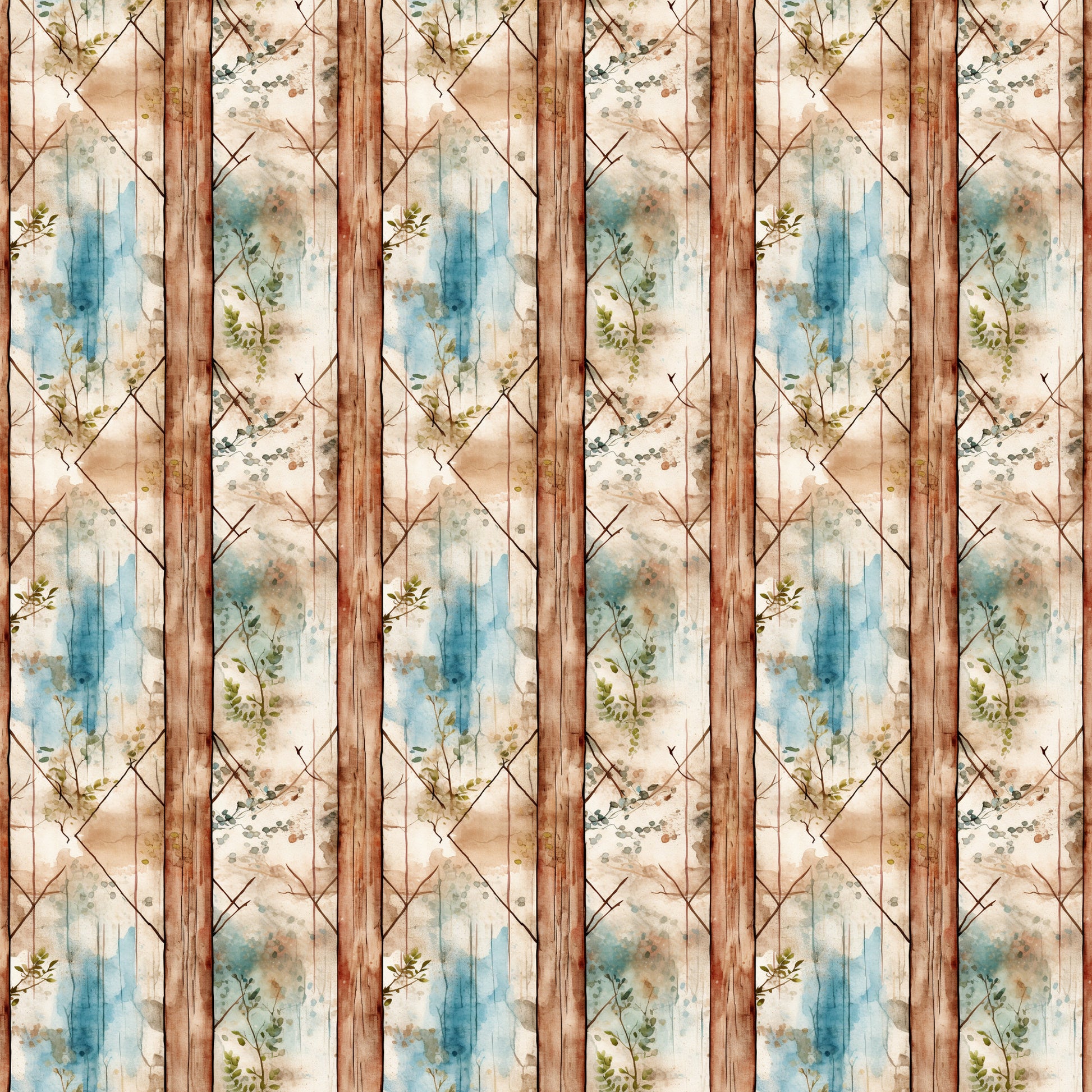 shabby chic, rustic, weathered wood, botanical, floral sprigs, blue watercolor, beige, cream, brown wood grain, diamond lattice, geometric pattern, distressed texture, vintage style, country cottage, quilting cotton, fabric panel, nature motif, soft pastels, aged patina, farmhouse
