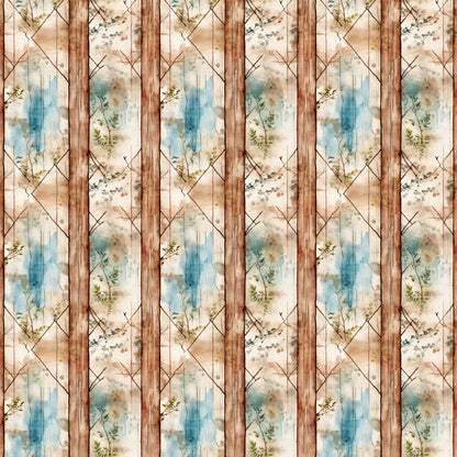 shabby chic, rustic, weathered wood, botanical, floral sprigs, blue watercolor, beige, cream, brown wood grain, diamond lattice, geometric pattern, distressed texture, vintage style, country cottage, quilting cotton, fabric panel, nature motif, soft pastels, aged patina, farmhouse