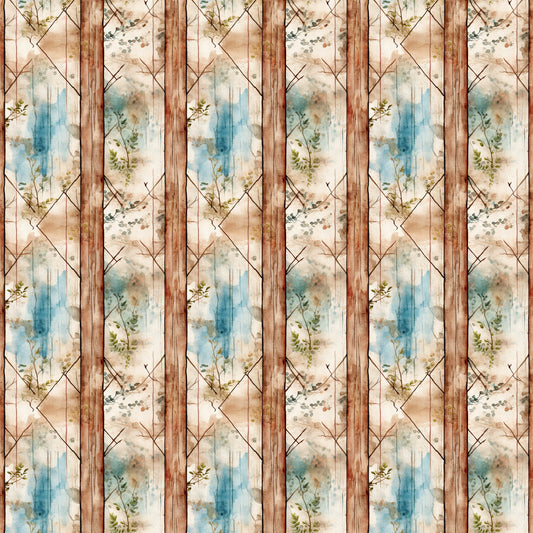shabby chic, rustic, weathered wood, botanical, floral sprigs, blue watercolor, beige, cream, brown wood grain, diamond lattice, geometric pattern, distressed texture, vintage style, country cottage, quilting cotton, fabric panel, nature motif, soft pastels, aged patina, farmhouse