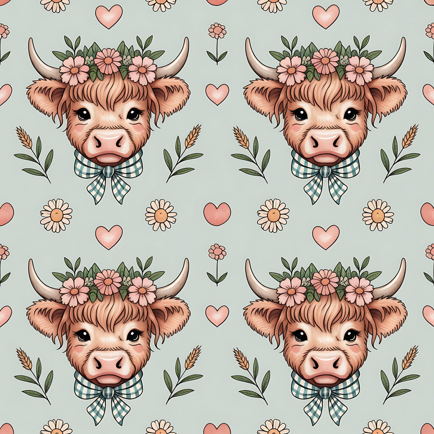 Highland Cow Heads Pattern 11 Quilting Cotton Fabric