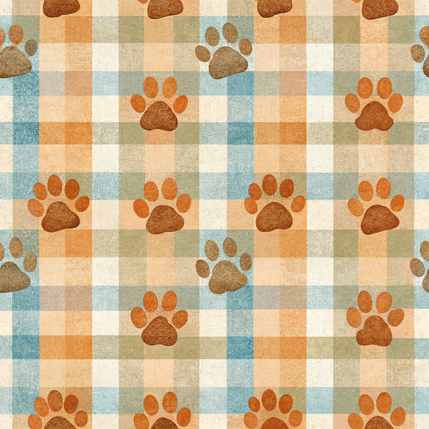 dog paws, paw prints, plaid background, checkered pattern, orange, brown, blue, cream, beige, quilting cotton, fabric panel, pet theme, animal motifs, rustic colors, earth tones, repeating pattern, geometric plaid, dog lover, crafting fabric, autumn colors