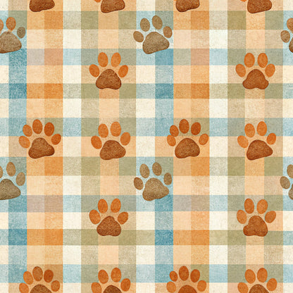 dog paws, paw prints, plaid background, checkered pattern, orange, brown, blue, cream, beige, quilting cotton, fabric panel, pet theme, animal motifs, rustic colors, earth tones, repeating pattern, geometric plaid, dog lover, crafting fabric, autumn colors