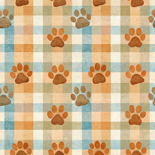 dog paws, paw prints, plaid background, checkered pattern, orange, brown, blue, cream, beige, quilting cotton, fabric panel, pet theme, animal motifs, rustic colors, earth tones, repeating pattern, geometric plaid, dog lover, crafting fabric, autumn colors