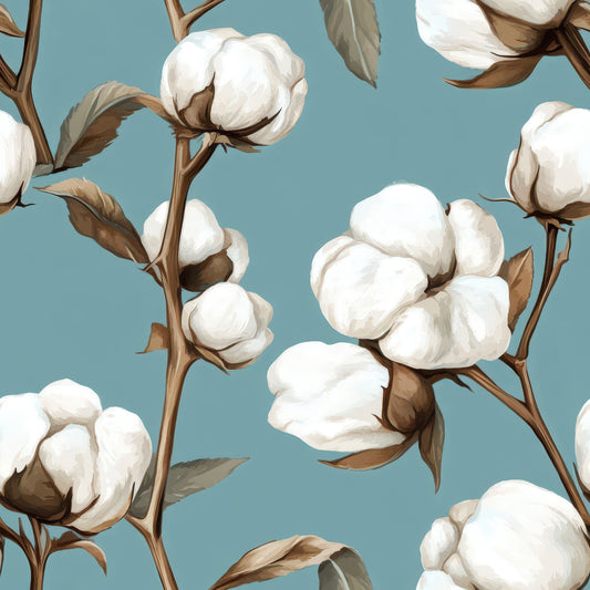 raw white, cotton bolls, botanical pattern, sage green, dusty blue, brown stems, natural fibers, quilting cotton, fabric panel, floral design, plant illustration, soft colors, muted tones, organic motifs, cotton plants, nature pattern, textile design, crafting fabric, sewing material, cotton blossoms