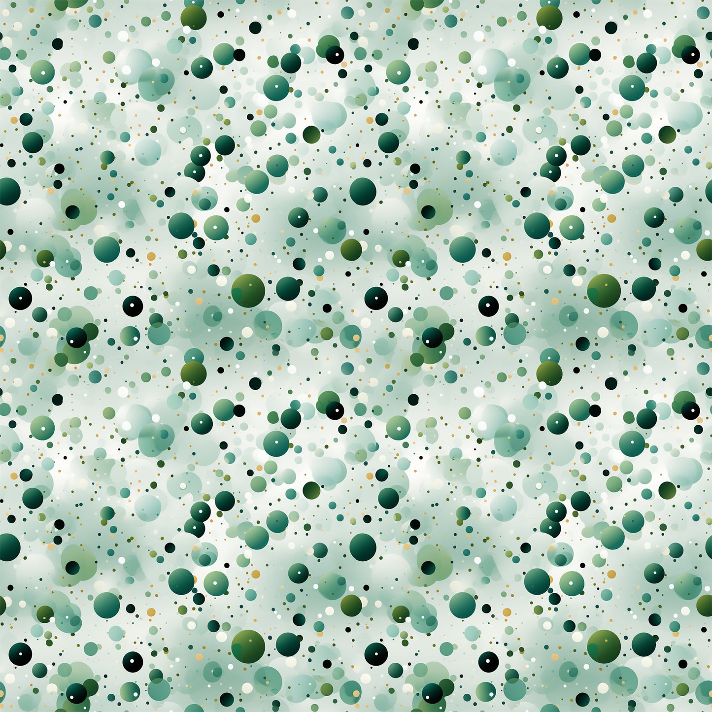 green confetti, scattered dots, polka dot pattern, forest green, sage green, mint green, teal, black accents, white dots, yellow dots, circular shapes, bubble pattern, abstract design, geometric pattern, quilting cotton, fabric panel, modern style, playful pattern, random distribution, multi-sized circles