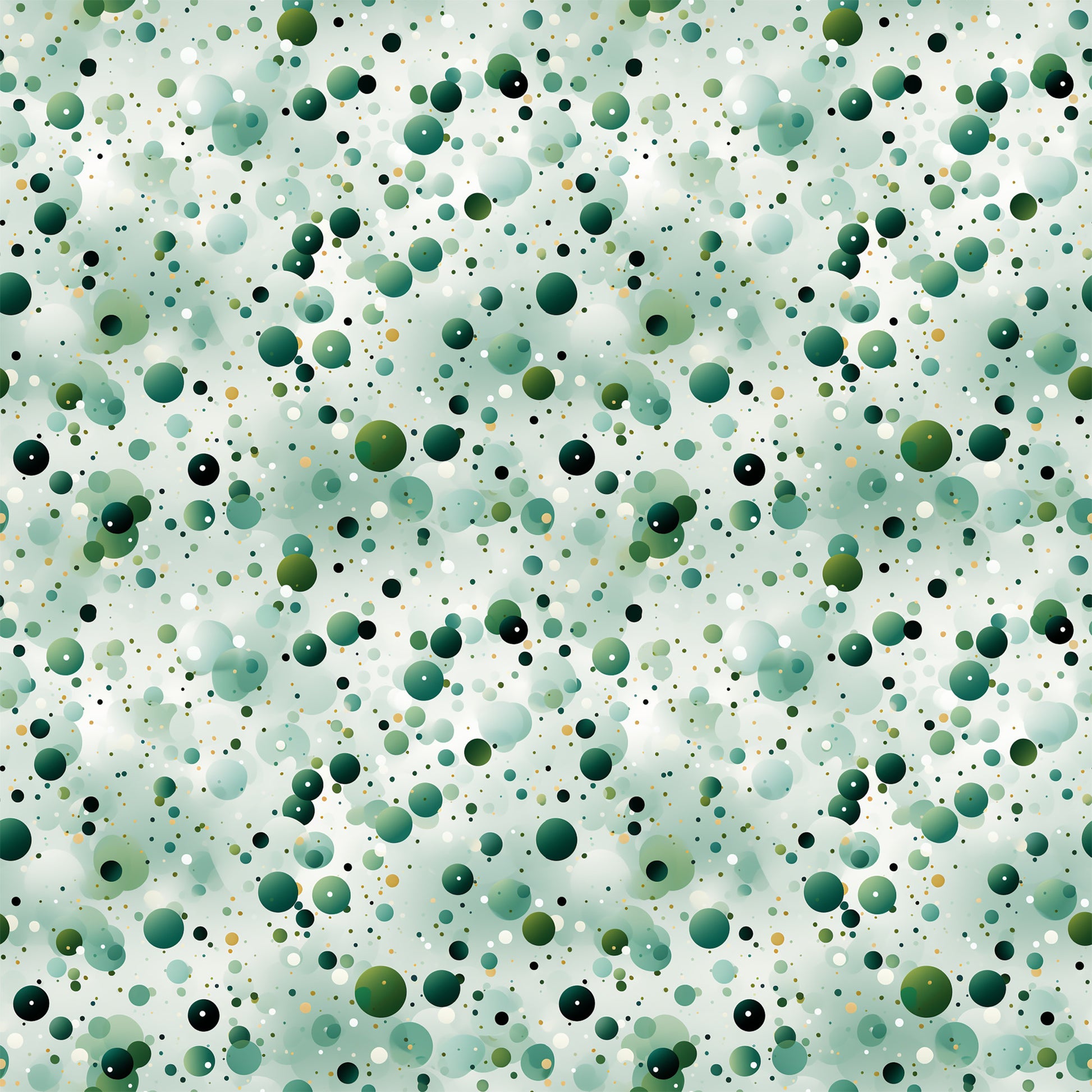 green confetti, scattered dots, polka dot pattern, forest green, sage green, mint green, teal, black accents, white dots, yellow dots, circular shapes, bubble pattern, abstract design, geometric pattern, quilting cotton, fabric panel, modern style, playful pattern, random distribution, multi-sized circles