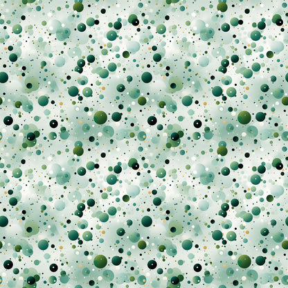 green confetti, scattered dots, polka dot pattern, forest green, sage green, mint green, teal, black accents, white dots, yellow dots, circular shapes, bubble pattern, abstract design, geometric pattern, quilting cotton, fabric panel, modern style, playful pattern, random distribution, multi-sized circles