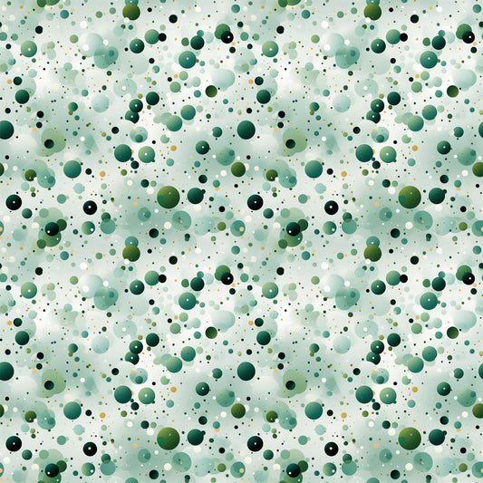 green confetti, scattered dots, polka dot pattern, forest green, sage green, mint green, teal, black accents, white dots, yellow dots, circular shapes, bubble pattern, abstract design, geometric pattern, quilting cotton, fabric panel, modern style, playful pattern, random distribution, multi-sized circles