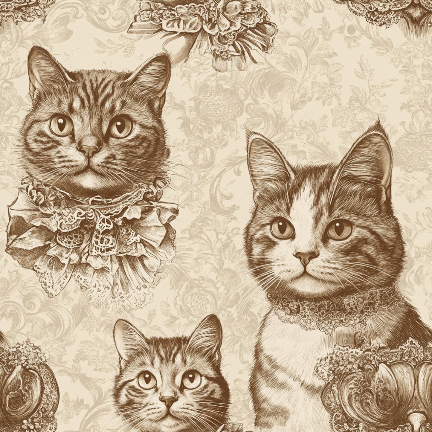 cream, sepia, brown, beige, vintage cats, tabby cats, ornate lace collars, victorian era, decorative flourishes, baroque patterns, quilting cotton, fabric panel, elegant feline portraits, antique illustration style, ornamental design, damask background, intricate lace details, nostalgic artwork, detailed cat faces