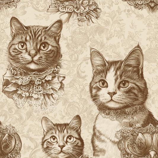 cream, sepia, brown, beige, vintage cats, tabby cats, ornate lace collars, victorian era, decorative flourishes, baroque patterns, quilting cotton, fabric panel, elegant feline portraits, antique illustration style, ornamental design, damask background, intricate lace details, nostalgic artwork, detailed cat faces