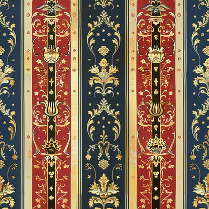 medieval french pattern, quilting cotton, fabric panel, navy blue, burgundy red, gold accents, ornate damask, floral motifs, decorative scrollwork, baroque styling, vertical stripes, repeating pattern, luxurious design, regal colors, intricate details, european influence, elegant flourishes, symmetrical layout, rich textures, vintage inspired