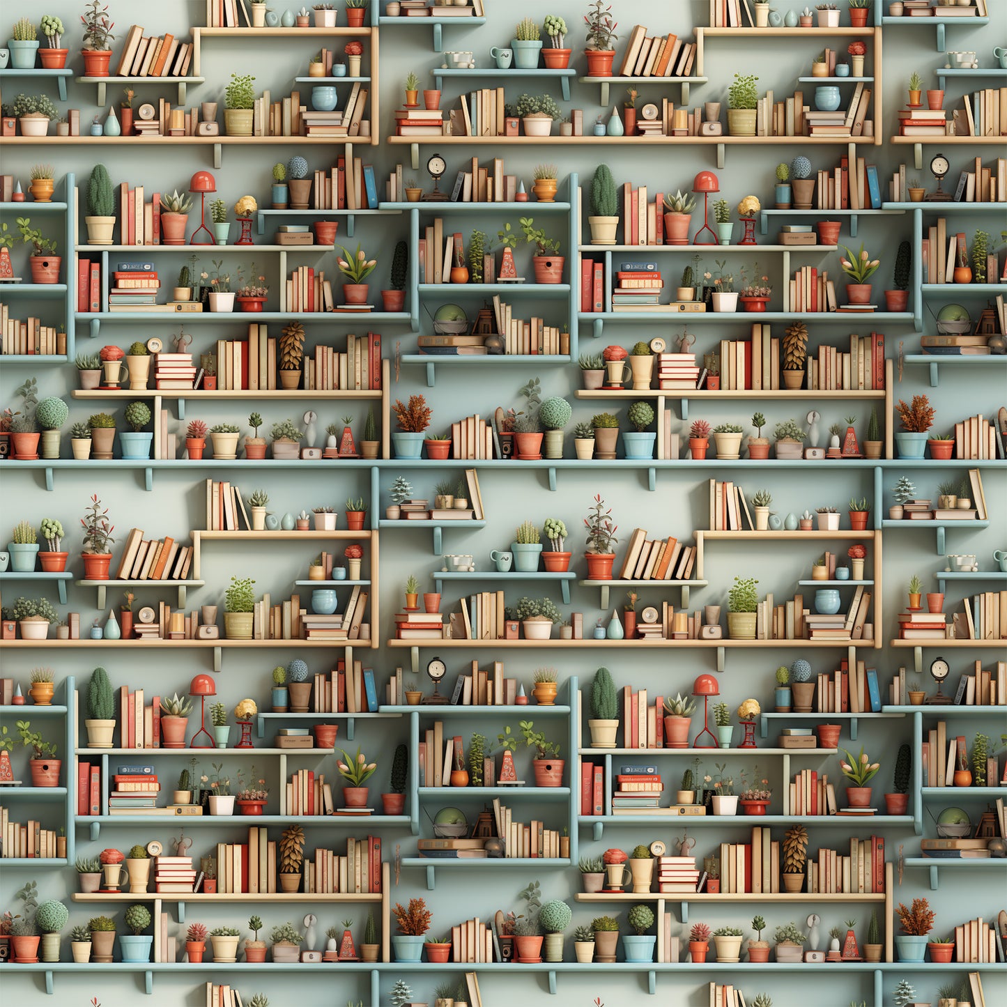 bookshelf pattern, quilting cotton, fabric panel, sage green, terracotta, warm orange, cream, muted blue, potted plants, succulents, cacti, books, shelving units, cozy interior, botanical elements, repeating design, home library, plant collection, soft pastels, geometric shelves