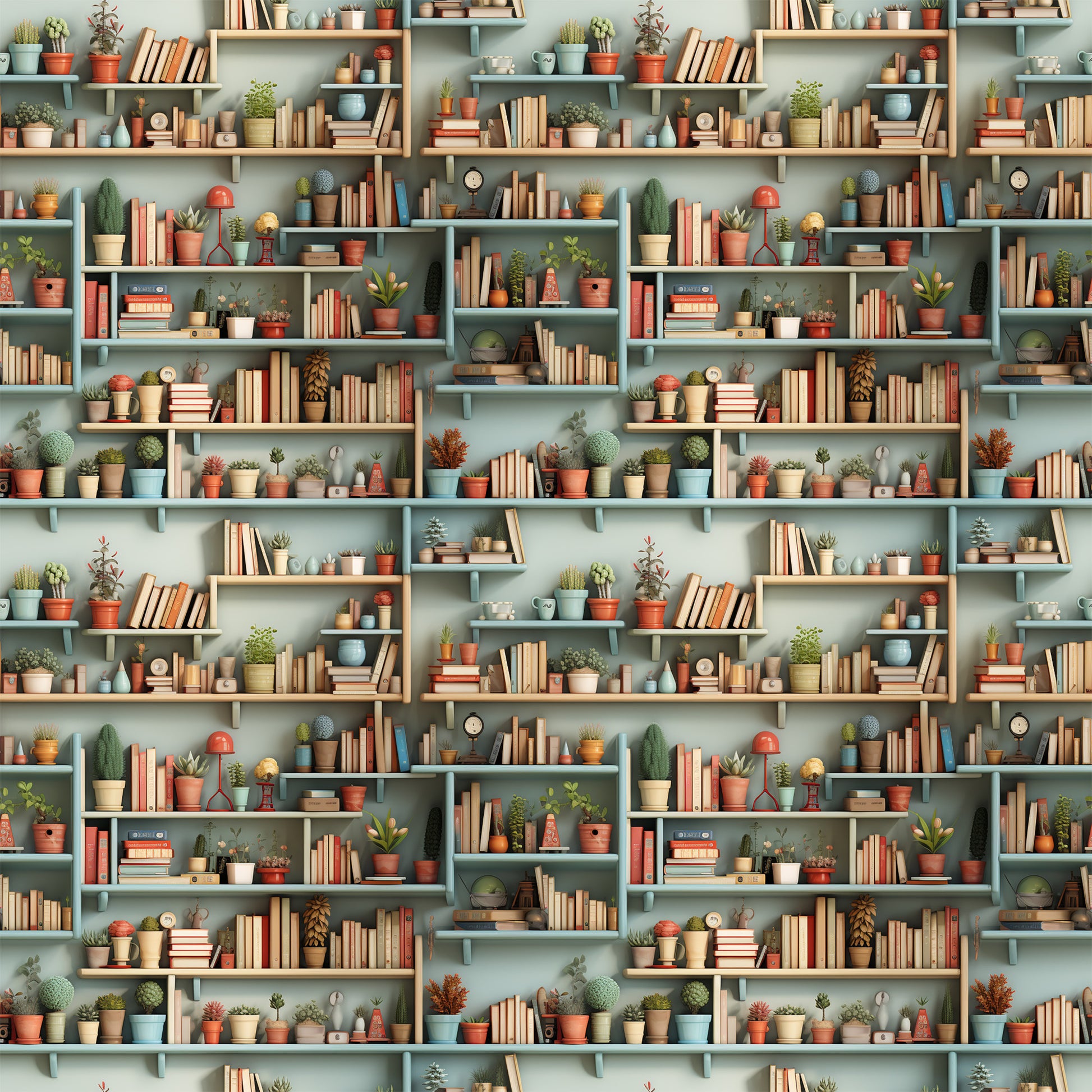 bookshelf pattern, quilting cotton, fabric panel, sage green, terracotta, warm orange, cream, muted blue, potted plants, succulents, cacti, books, shelving units, cozy interior, botanical elements, repeating design, home library, plant collection, soft pastels, geometric shelves