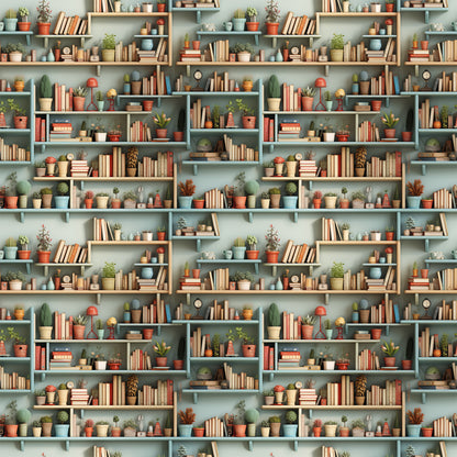bookshelf pattern, quilting cotton, fabric panel, sage green, terracotta, warm orange, cream, muted blue, potted plants, succulents, cacti, books, shelving units, cozy interior, botanical elements, repeating design, home library, plant collection, soft pastels, geometric shelves