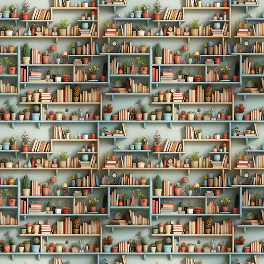 bookshelf pattern, quilting cotton, fabric panel, sage green, terracotta, warm orange, cream, muted blue, potted plants, succulents, cacti, books, shelving units, cozy interior, botanical elements, repeating design, home library, plant collection, soft pastels, geometric shelves