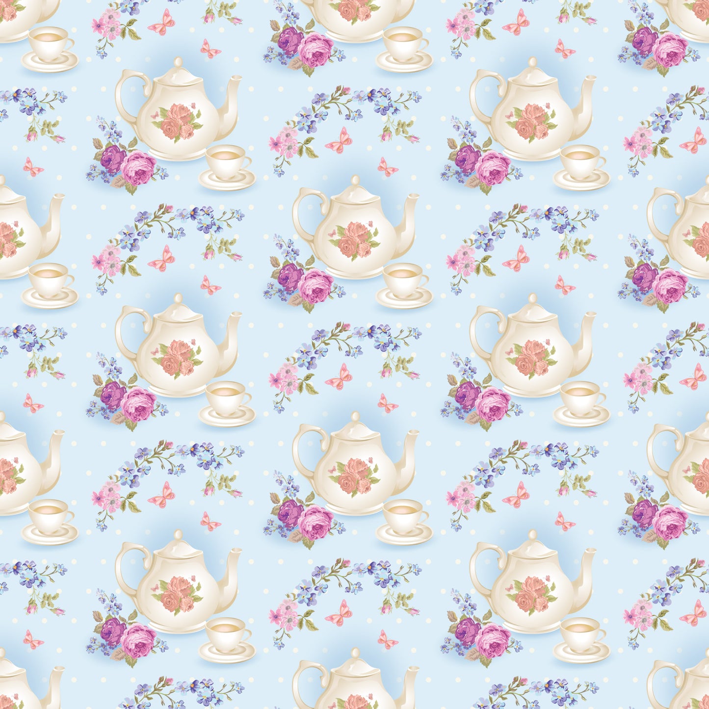 light blue, cream, pink roses, purple flowers, teapots, teacups, saucers, floral motifs, butterflies, shabby chic, vintage style, repeating pattern, quilting cotton, fabric panel, tea party theme, cottage core, pastel colors, romantic florals, delicate design, whimsical