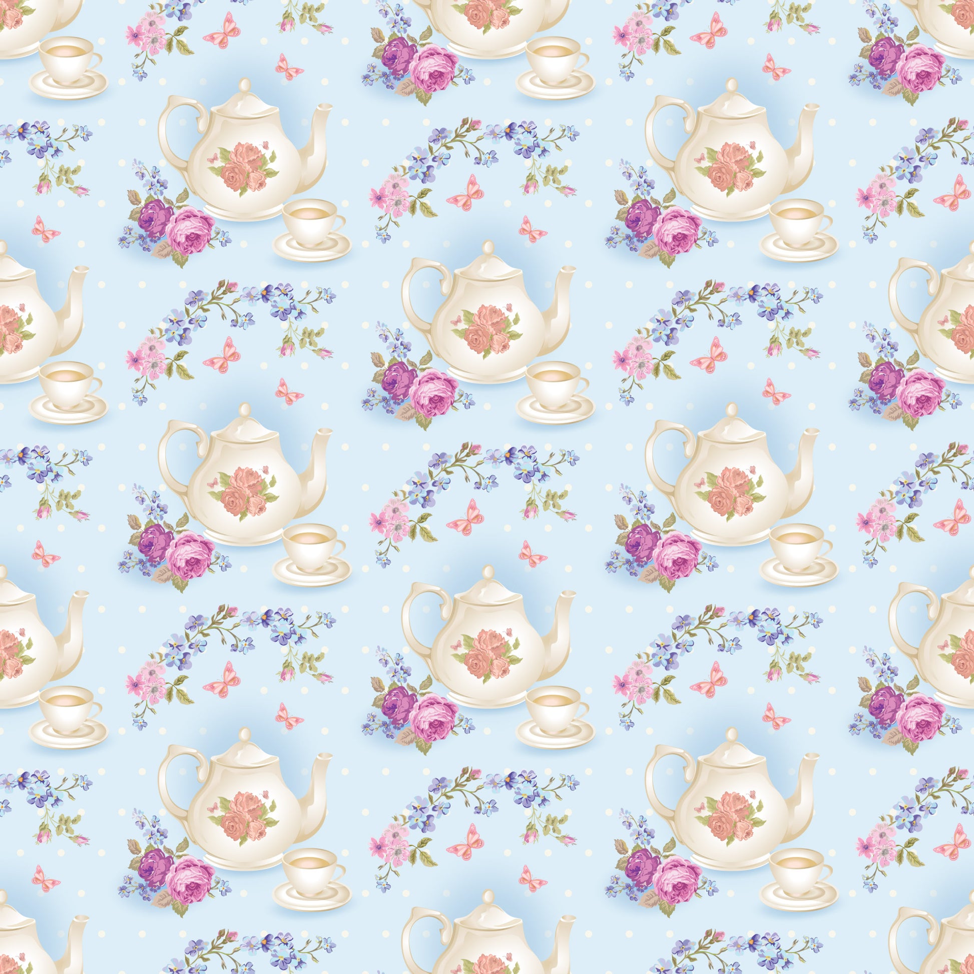 light blue, cream, pink roses, purple flowers, teapots, teacups, saucers, floral motifs, butterflies, shabby chic, vintage style, repeating pattern, quilting cotton, fabric panel, tea party theme, cottage core, pastel colors, romantic florals, delicate design, whimsical