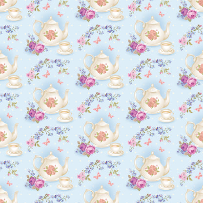 light blue, cream, pink roses, purple flowers, teapots, teacups, saucers, floral motifs, butterflies, shabby chic, vintage style, repeating pattern, quilting cotton, fabric panel, tea party theme, cottage core, pastel colors, romantic florals, delicate design, whimsical