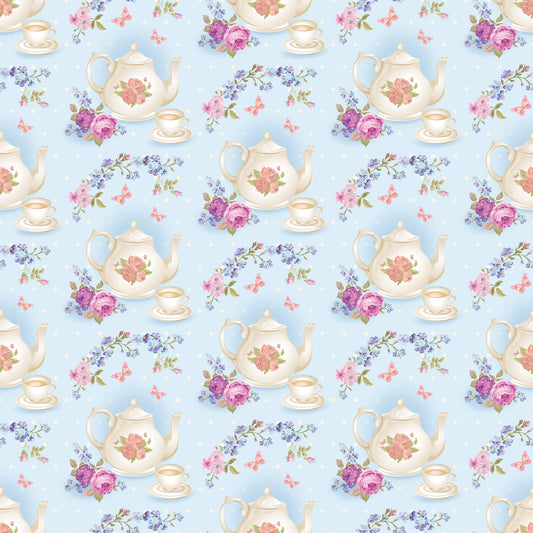 light blue, cream, pink roses, purple flowers, teapots, teacups, saucers, floral motifs, butterflies, shabby chic, vintage style, repeating pattern, quilting cotton, fabric panel, tea party theme, cottage core, pastel colors, romantic florals, delicate design, whimsical