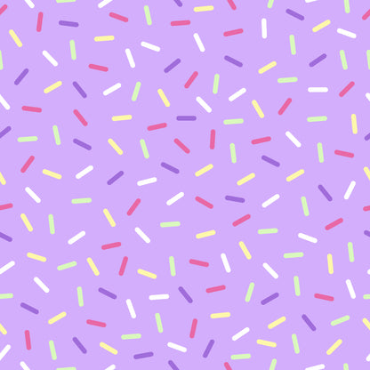 purple background, rainbow sprinkles, colorful jimmies, candy sprinkles, pink sprinkles, yellow sprinkles, green sprinkles, white sprinkles, scattered pattern, random placement, sweet treats, dessert theme, bakery motif, quilting cotton, fabric panel, cheerful mood, playful design, birthday theme, celebration pattern, donut topping
