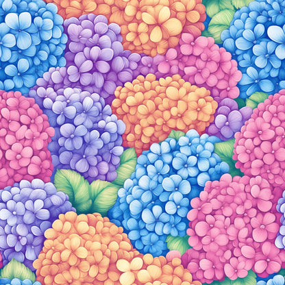 blue hydrangeas, purple hydrangeas, pink hydrangeas, orange hydrangeas, yellow hydrangeas, floral pattern, botanical design, clustered flowers, green leaves, vibrant colors, quilting cotton, fabric panel, seamless repeat, garden flowers, spring blooms, watercolor style, artistic illustration, nature motif, crafting material, sewing fabric