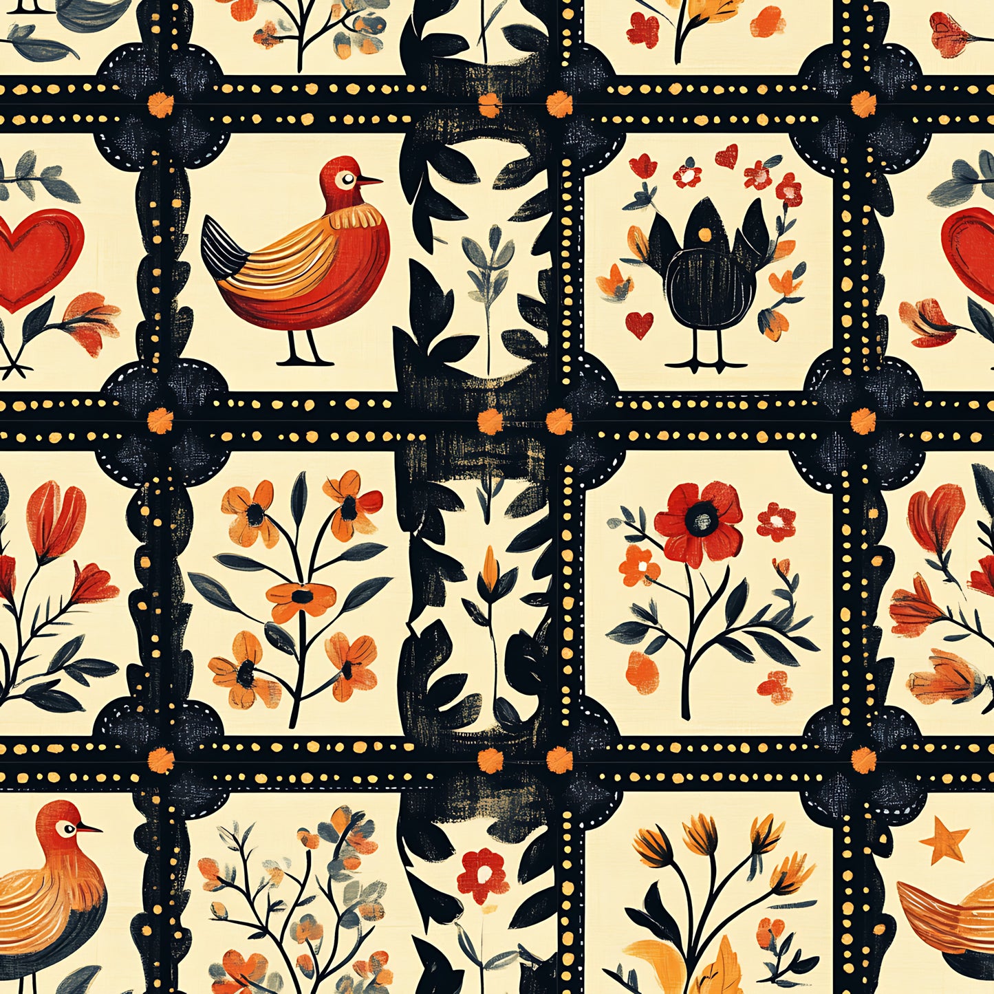 quilting cotton, fabric panel, folk art, red birds, botanical motifs, cream background, black lattice, orange flowers, red hearts, decorative grid, floral branches, country style, warm colors, repeated motifs, charcoal gray, amber, coral red, nature inspired, rustic charm, handcrafted look