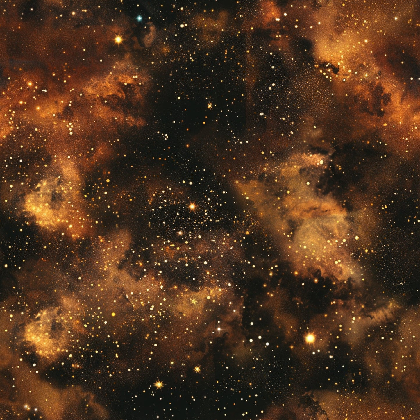 brown, rust, amber, golden, black, space, galaxy, nebula, stars, celestial, cosmic, astronomical, painted, watercolor effect, quilting cotton, fabric panel, night sky, starfield, universe, deep space