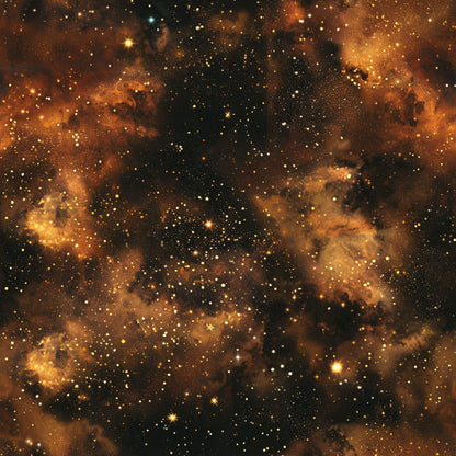 brown, rust, amber, golden, black, space, galaxy, nebula, stars, celestial, cosmic, astronomical, painted, watercolor effect, quilting cotton, fabric panel, night sky, starfield, universe, deep space
