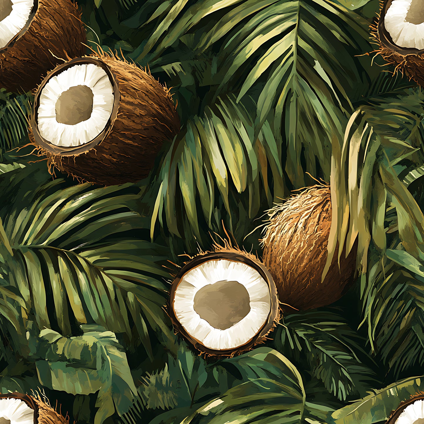 coconut halves, palm fronds, tropical leaves, brown coconuts, white coconut meat, green foliage, jungle pattern, botanical design, tropical paradise, realistic illustration, natural textures, quilting cotton, fabric panel, summer vibes, exotic fruits, lush greenery, tropical motifs, nature inspired, vibrant greens, coconut shells