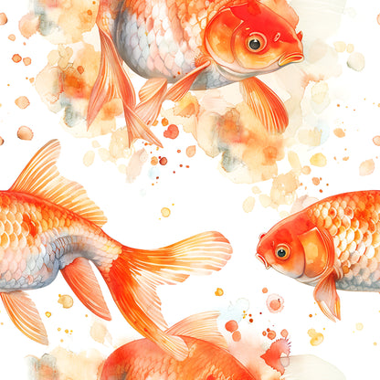 watercolor fish, orange goldfish, coral tones, peach hues, salmon pink, soft pastels, aquatic pattern, koi fish, swimming fish, watercolor splashes, artistic brushstrokes, flowing fins, fish scales, dreamy aesthetic, quilting cotton, fabric panel, ocean theme, watercolor art, fluid design, gentle splatters