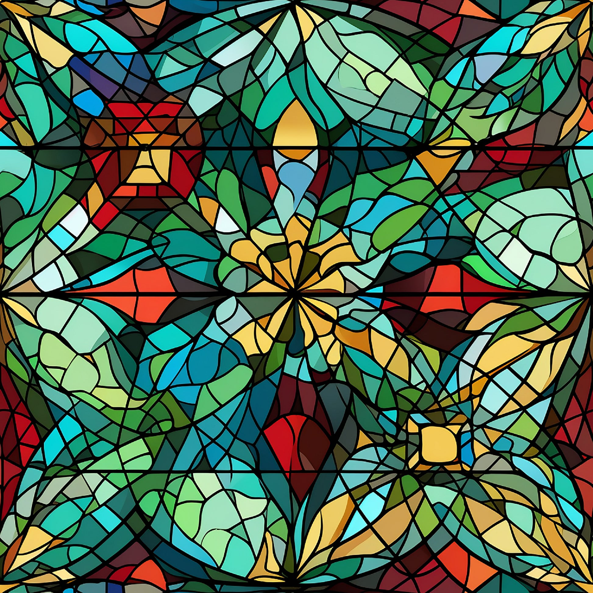 stained glass, kaleidoscope pattern, multicolored, turquoise, emerald green, golden yellow, crimson red, deep blue, geometric design, mosaic style, radial symmetry, quilting cotton, fabric panel, christmas themed, holiday fabric, abstract floral, jewel tones, church window style, decorative motifs, vibrant colors