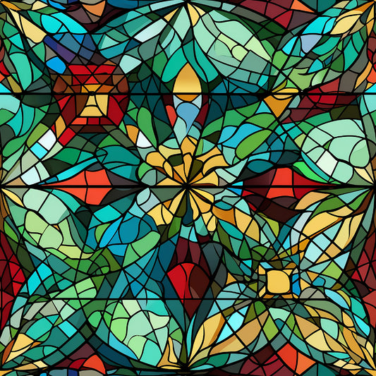 stained glass, kaleidoscope pattern, multicolored, turquoise, emerald green, golden yellow, crimson red, deep blue, geometric design, mosaic style, radial symmetry, quilting cotton, fabric panel, christmas themed, holiday fabric, abstract floral, jewel tones, church window style, decorative motifs, vibrant colors